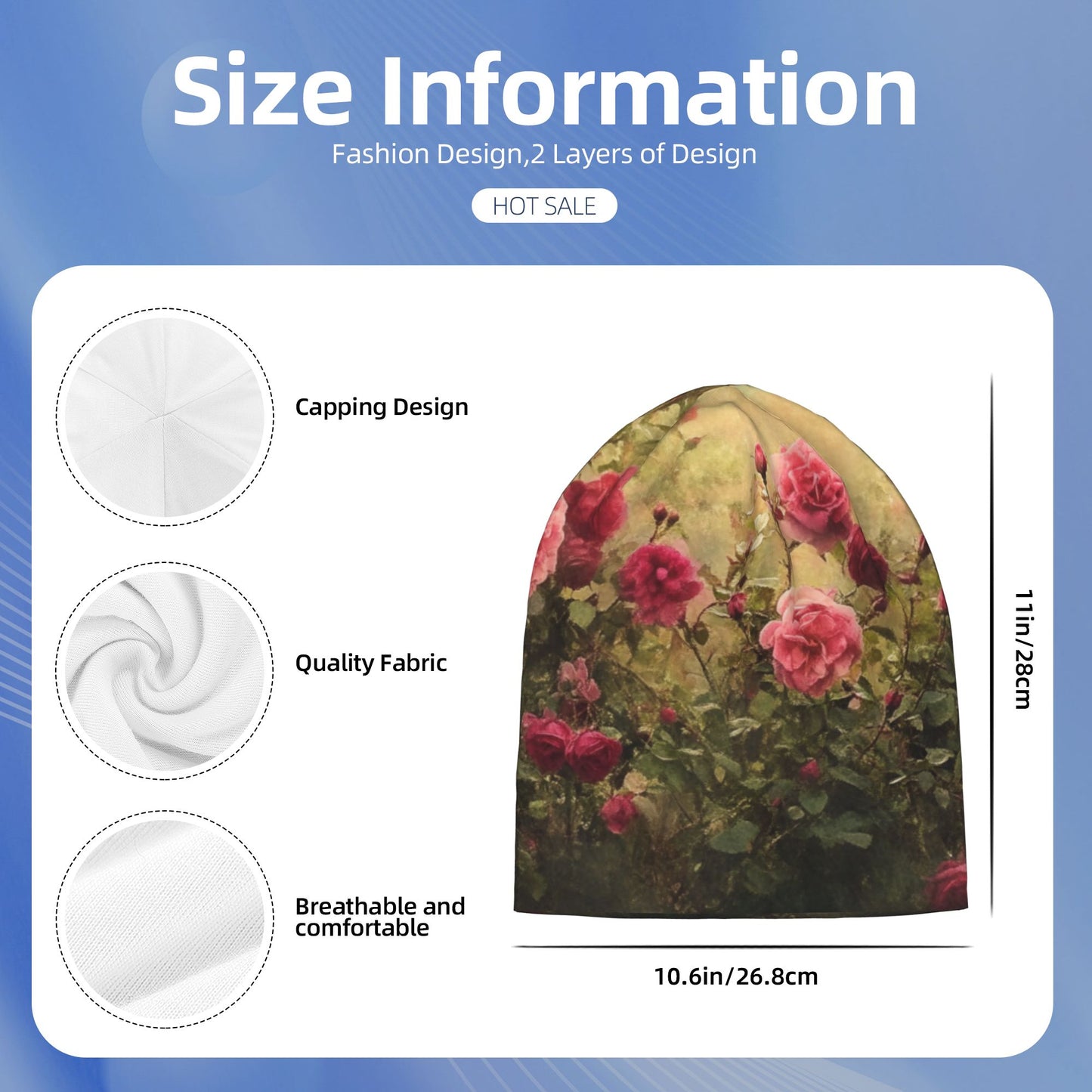Rose Garden Print Adult Knitted Beanie | Double-Layer Warm and Stylish Hat