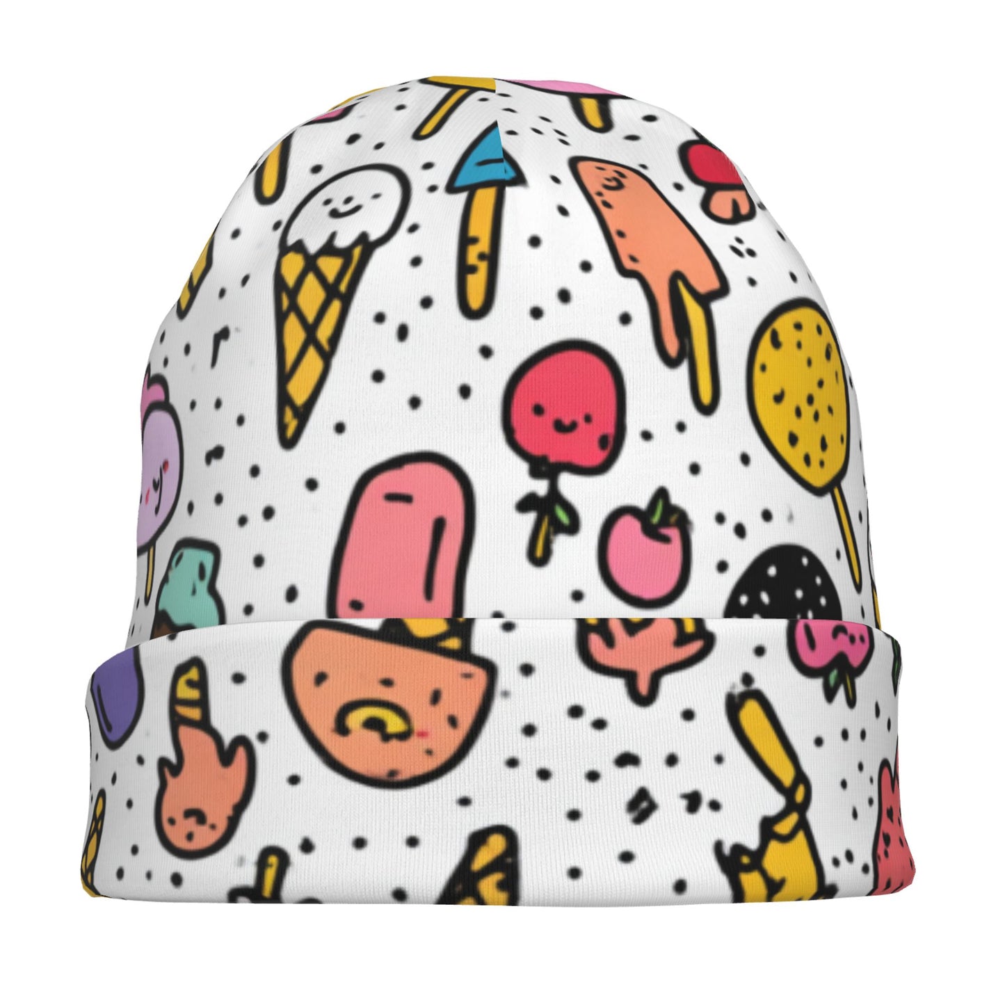 Cartoon Ice Cream & Fruit Print Adult Knitted Beanie | Double-Layer Casual and Stylish Hat