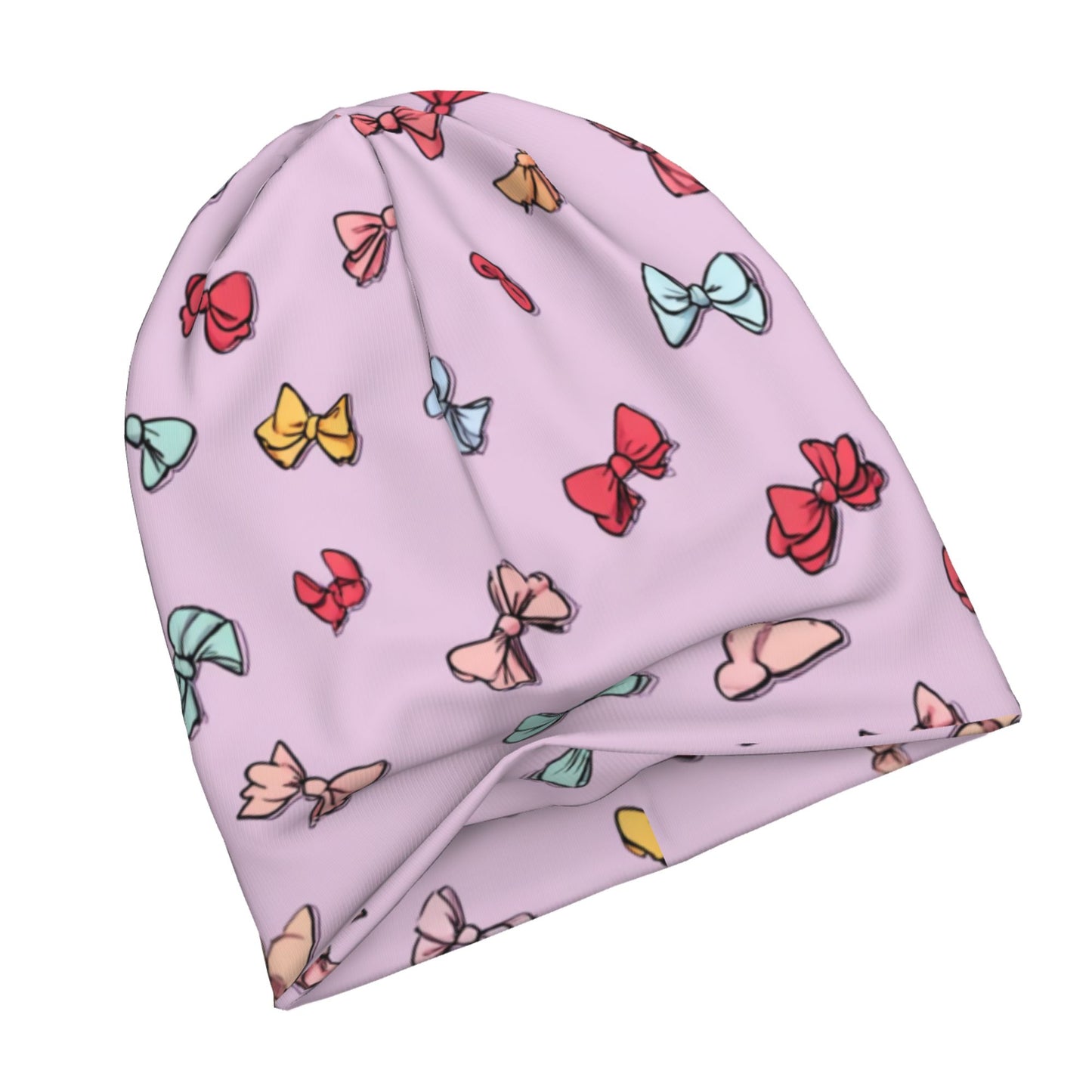 Pink Bow Print Adult Knitted Beanie | Sweet Romantic Double-Layer Warm Hat