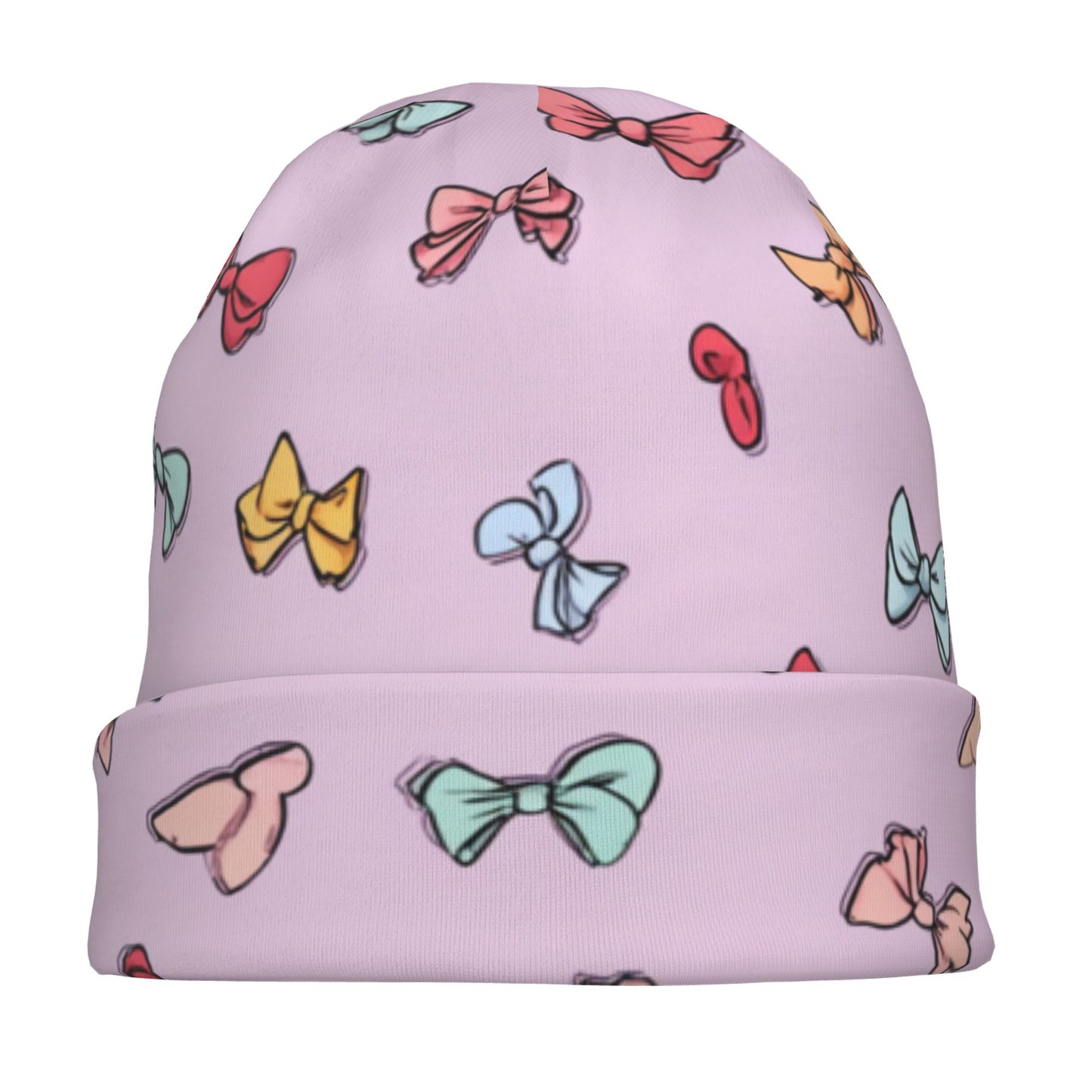 Pink Bow Print Adult Knitted Beanie | Sweet Romantic Double-Layer Warm Hat