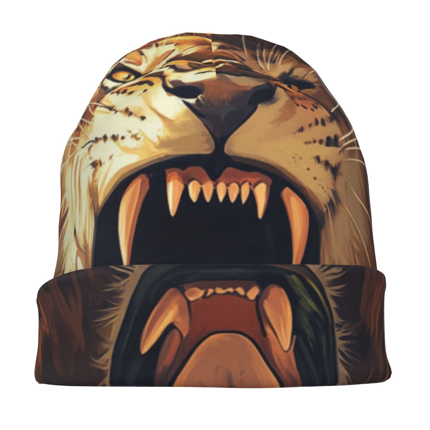 Roaring Lion Print Adult Knitted Beanie | Double-Layer Warm and Stylish Hat