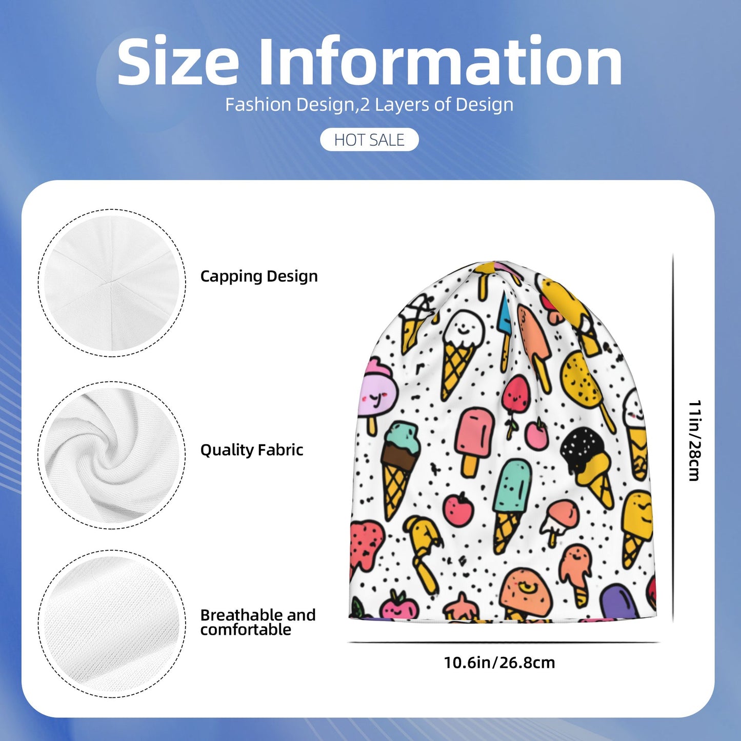 Cartoon Ice Cream & Fruit Print Adult Knitted Beanie | Double-Layer Casual and Stylish Hat