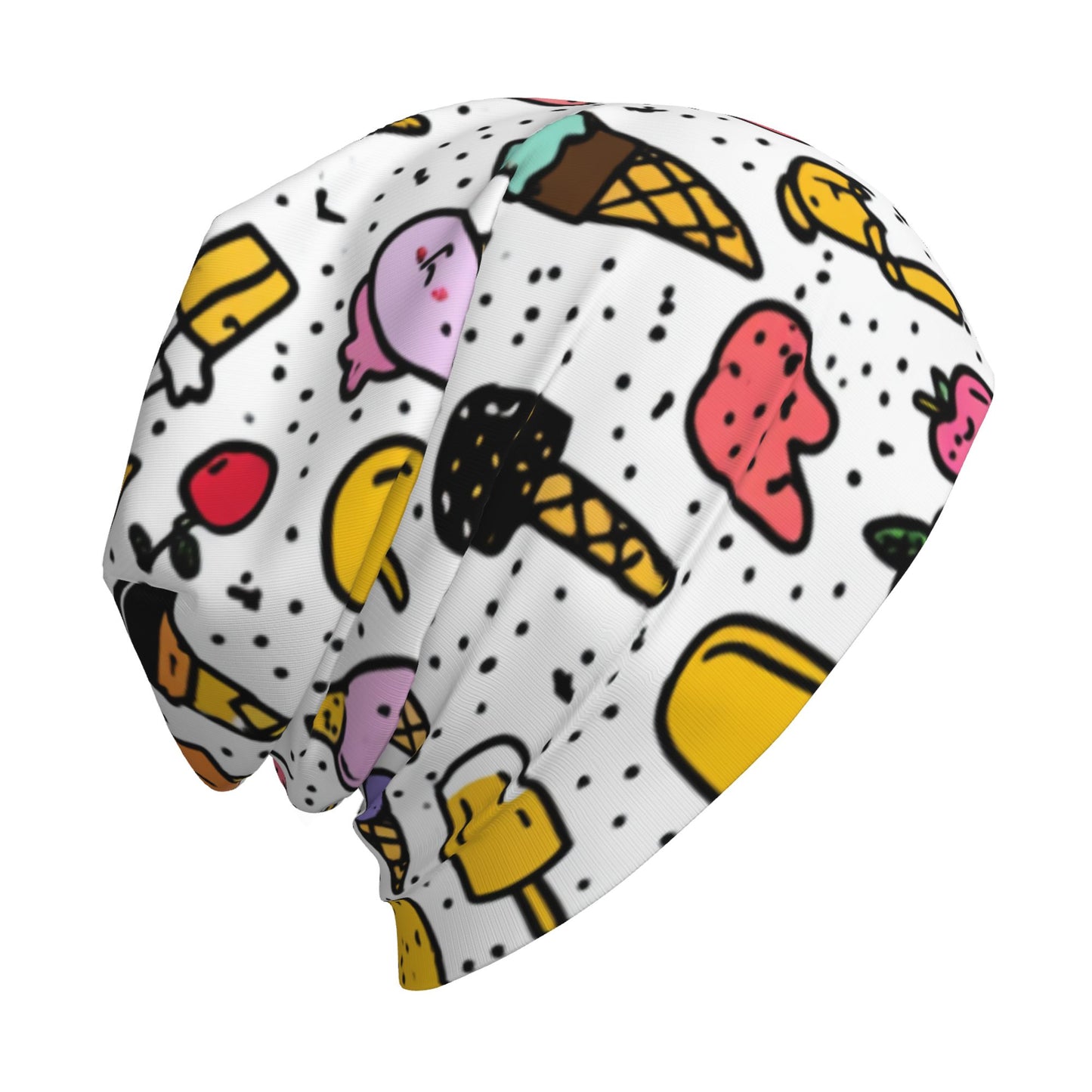 Cartoon Ice Cream & Fruit Print Adult Knitted Beanie | Double-Layer Casual and Stylish Hat