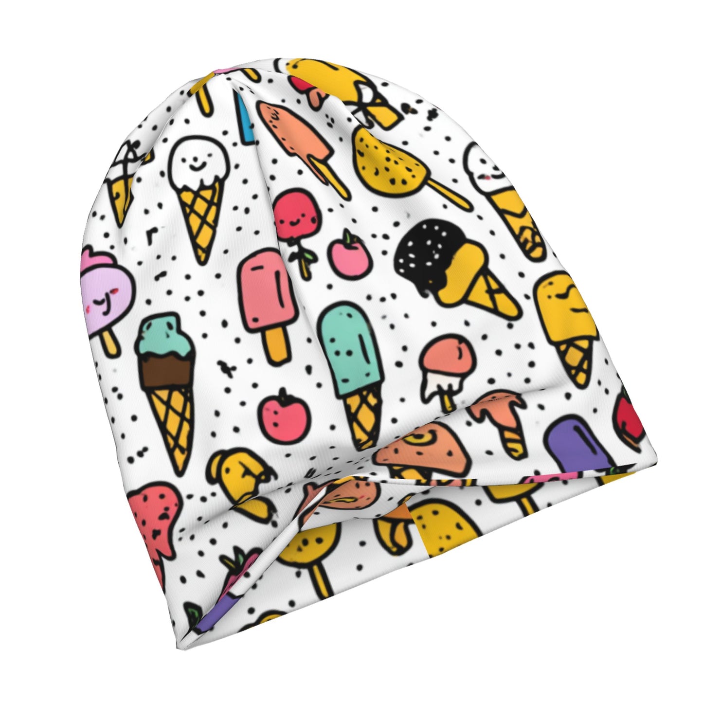 Cartoon Ice Cream & Fruit Print Adult Knitted Beanie | Double-Layer Casual and Stylish Hat