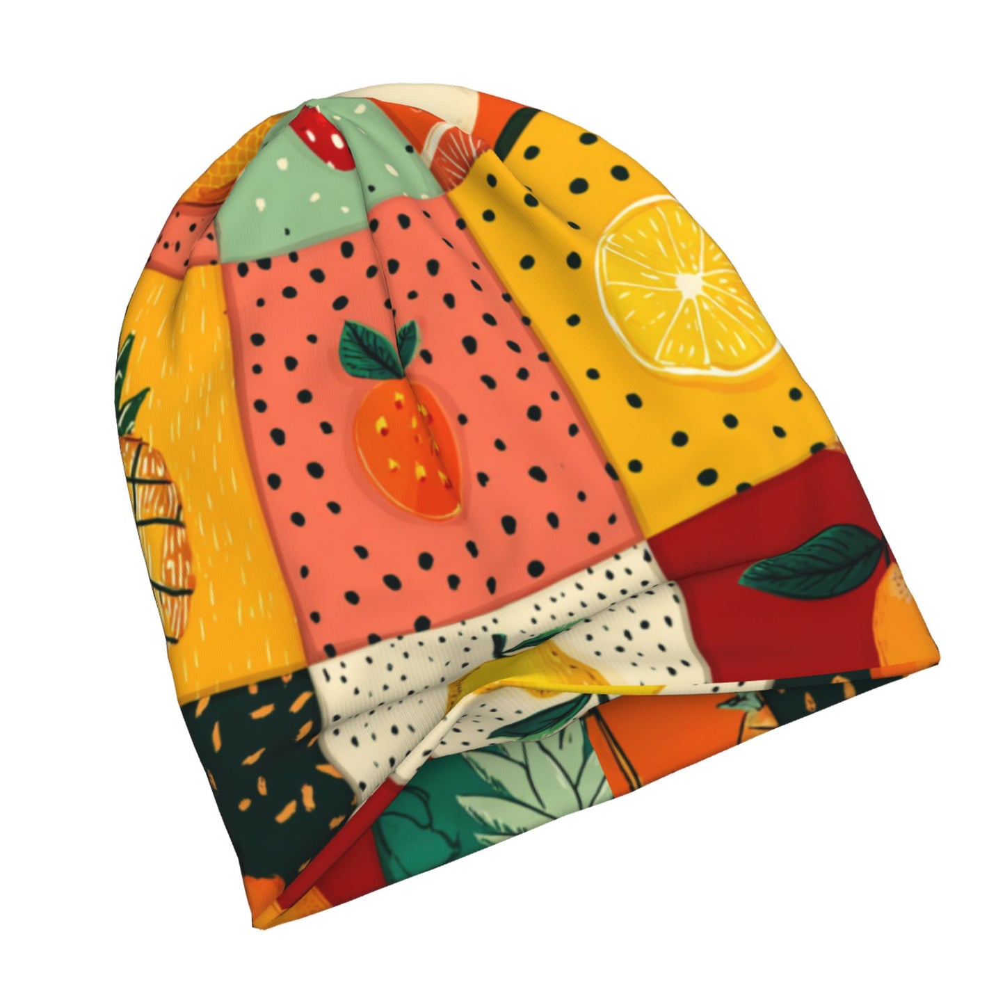 Colorful Fruit Patchwork Print Adult Knitted Beanie | Double-Layer Warm and Stylish Hat