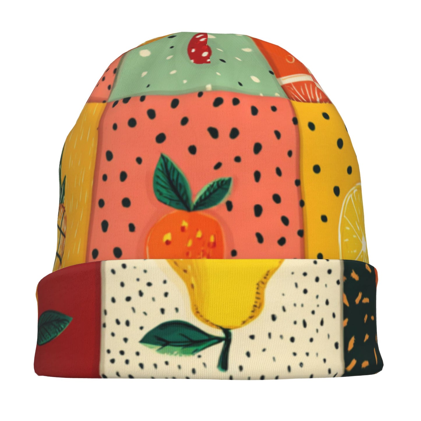 Colorful Fruit Patchwork Print Adult Knitted Beanie | Double-Layer Warm and Stylish Hat