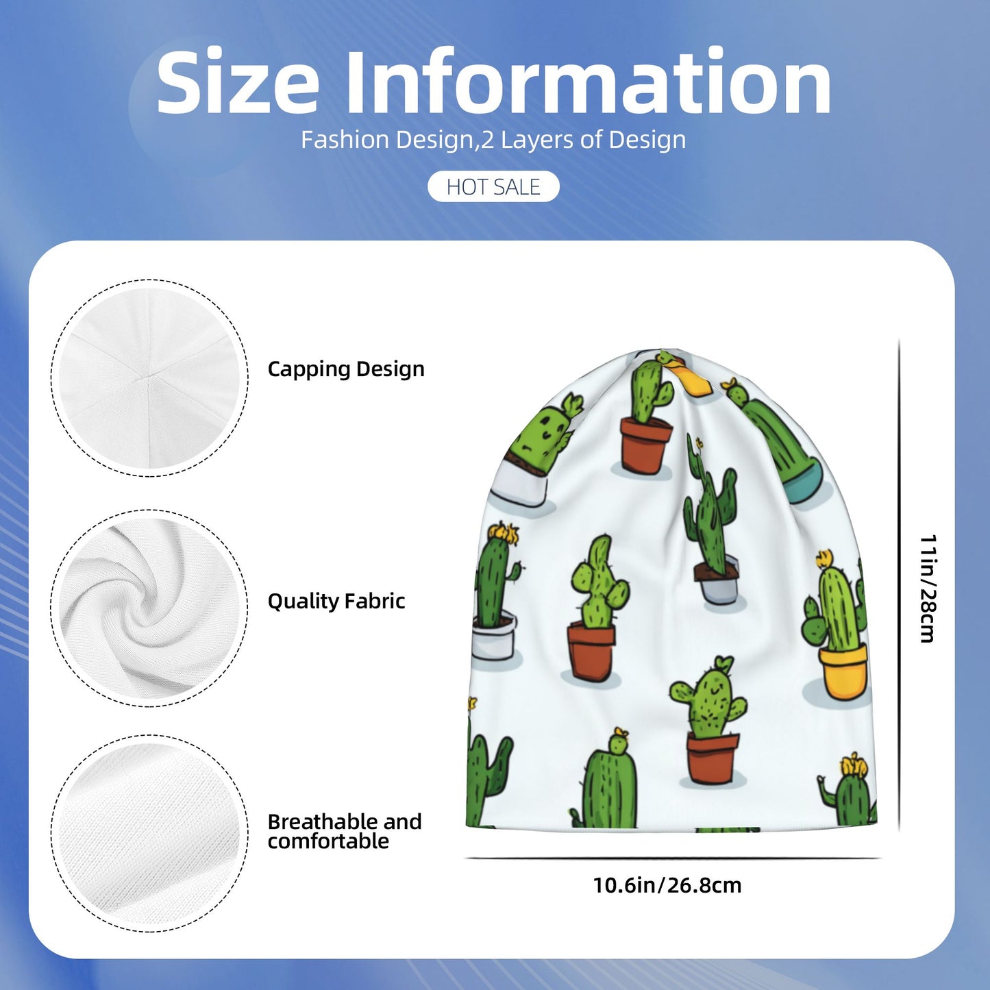 Cartoon Cactus Print Adult Knitted Beanie | Double-Layer Casual and Warm Hat