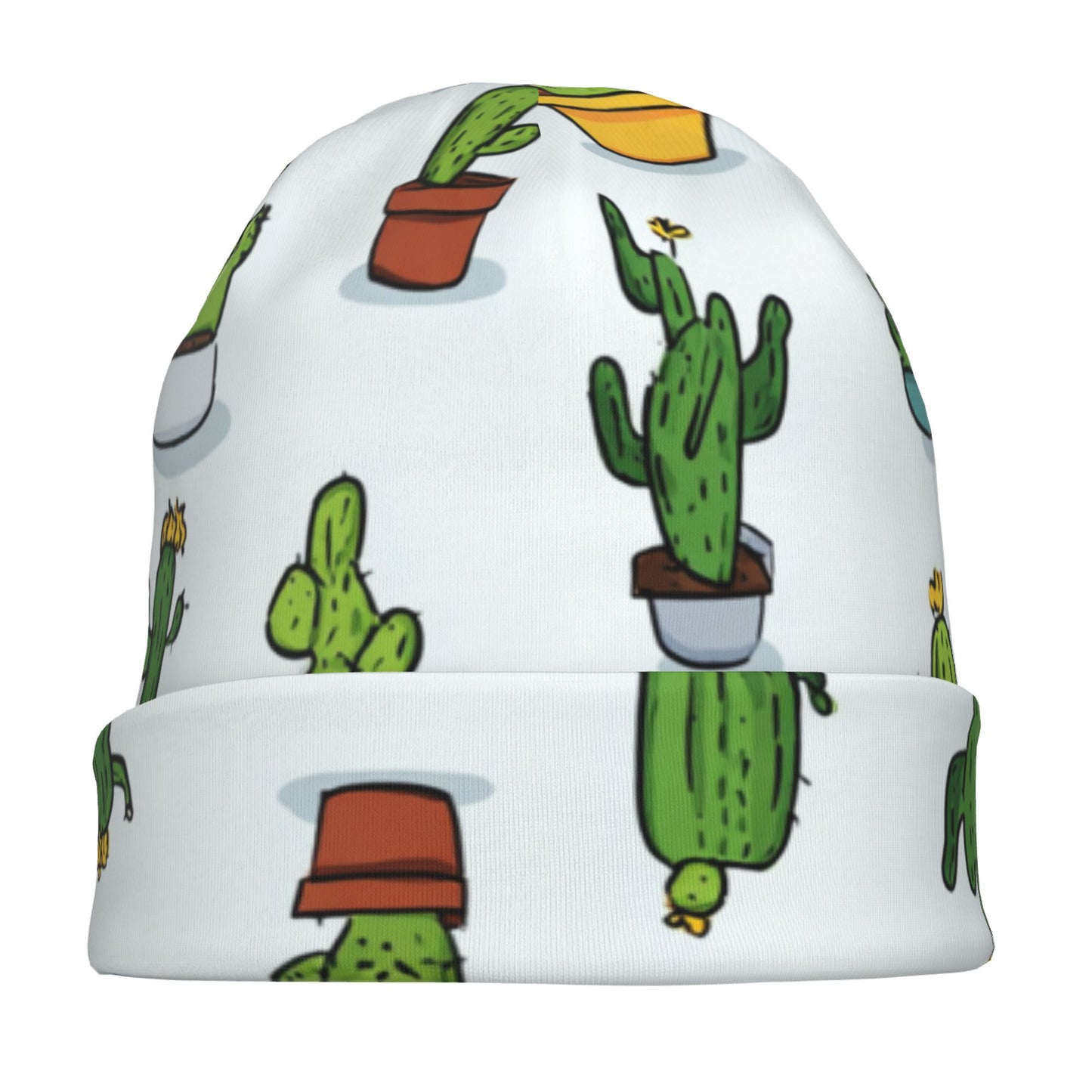 Cartoon Cactus Print Adult Knitted Beanie | Double-Layer Casual and Warm Hat