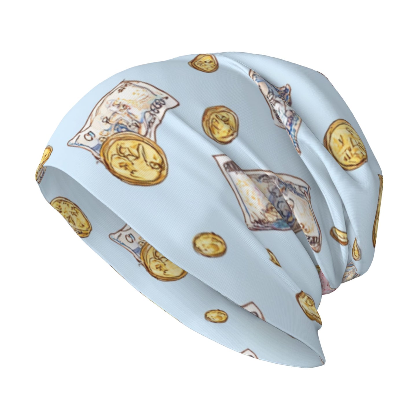 Blue Money & Coins Print Adult Knitted Beanie | Trendy Double-Layer Warm Hat