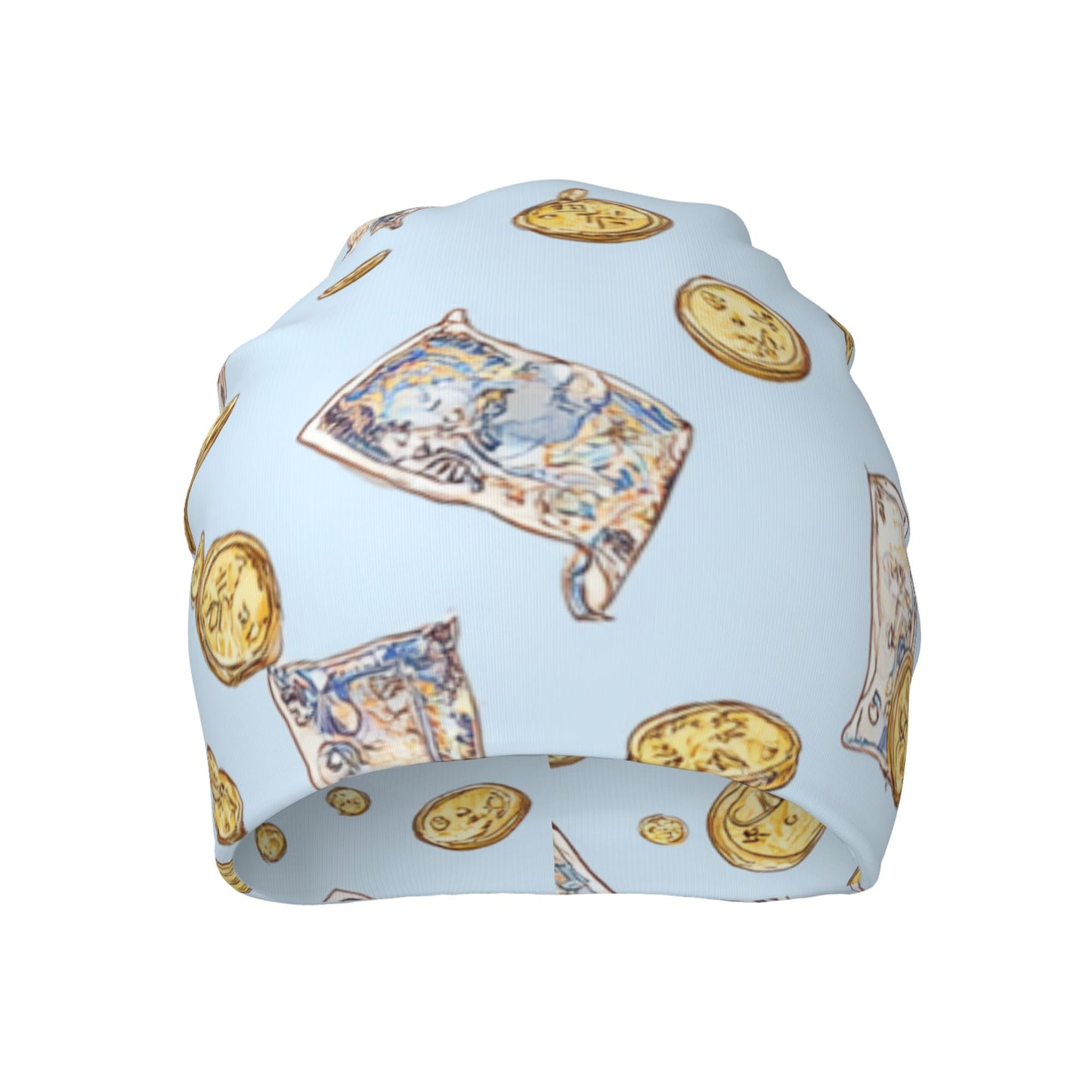 Blue Money & Coins Print Adult Knitted Beanie | Trendy Double-Layer Warm Hat