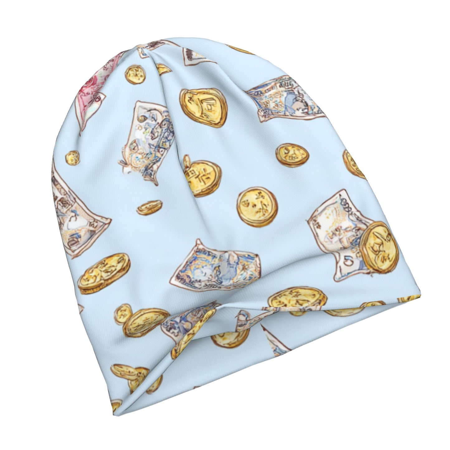 Blue Money & Coins Print Adult Knitted Beanie | Trendy Double-Layer Warm Hat