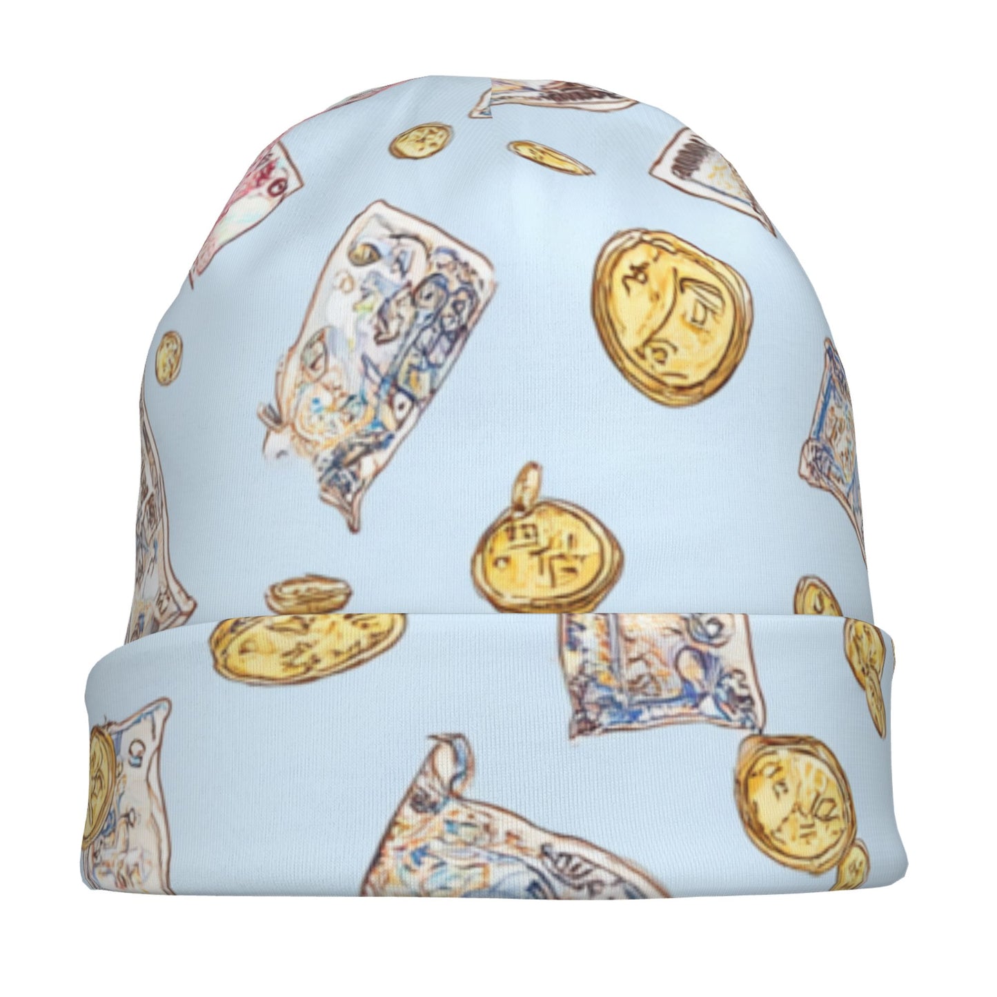 Blue Money & Coins Print Adult Knitted Beanie | Trendy Double-Layer Warm Hat